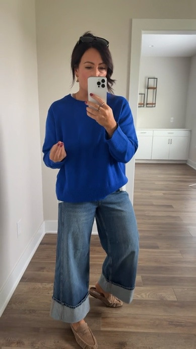 Topped shopped sweater this month! Super soft, not itchy & true to size! Large top, size 8 denim