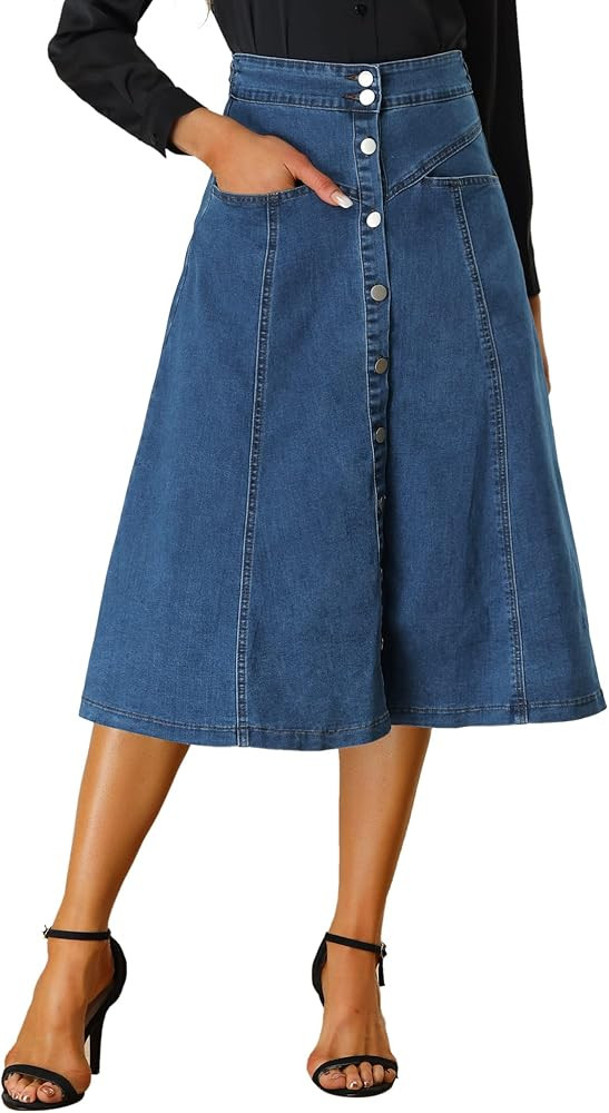 Allegra K Womens' Stretchy High Waist Buttons Front A-Line Flowy Midi Skirts with Pockets | Amazon (US)