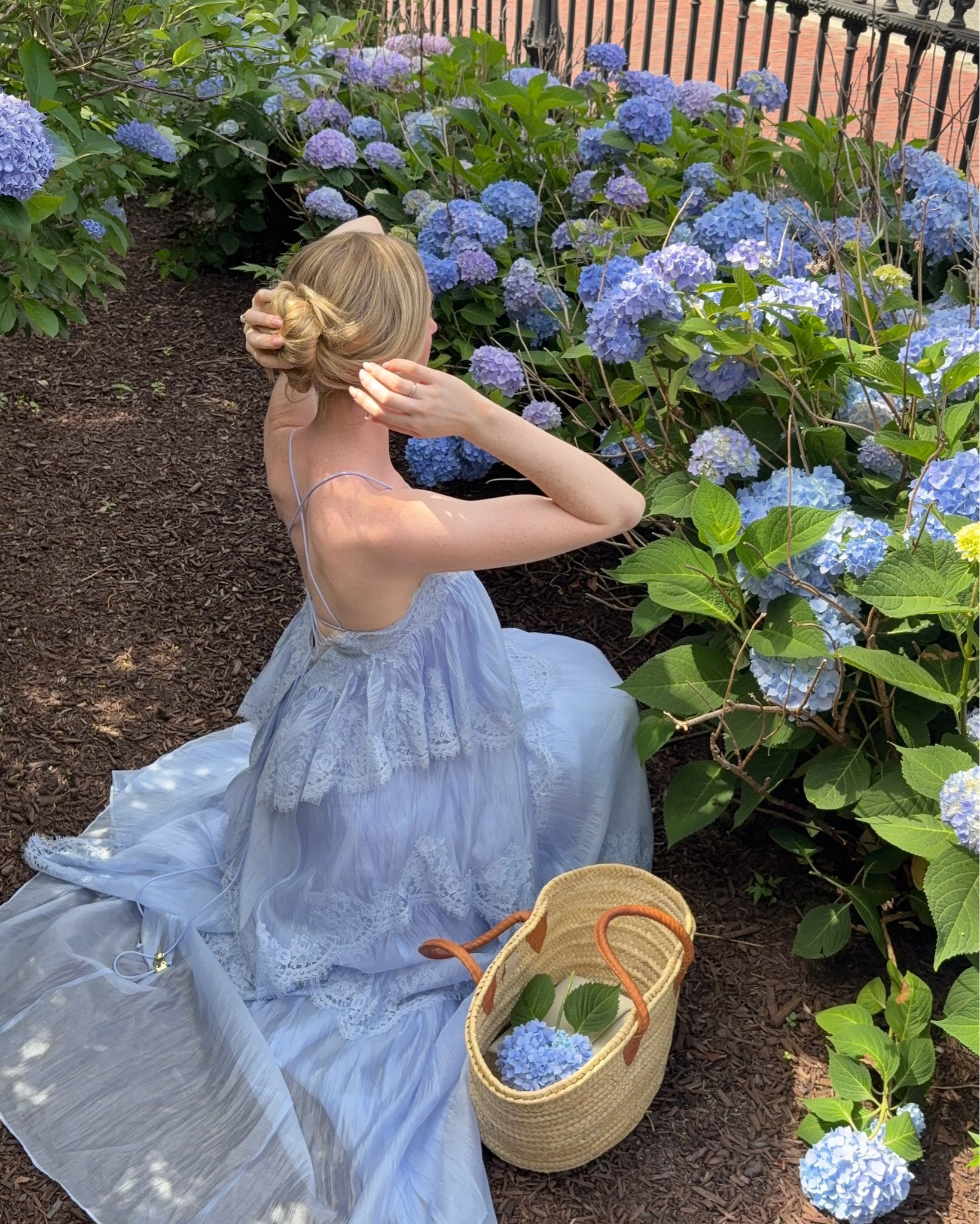 Hydrangea girl summer 🫐

#hydrangeaseason #pinterestgirlinspo #hydrangealove hydrangea blooms in New England, summer hydrangeas, blue hydrangea flowers, French blue Aje maxi dress, Ophelia lace maxi gown, Pinterest girl aesthetic, Boston public garden flowers