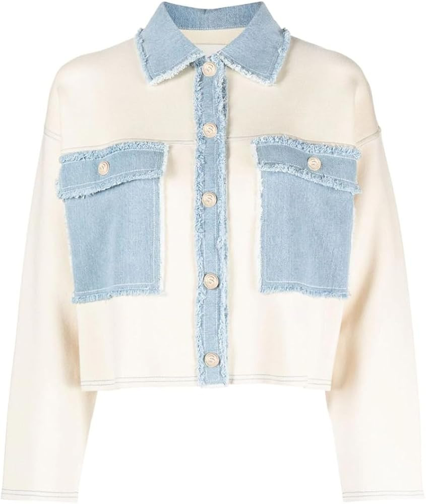 Womens Patchwork Denim Cardigan Sweater 2025 Fall Winter Button Down Long Sleeve Chunky Knit Card... | Amazon (US)