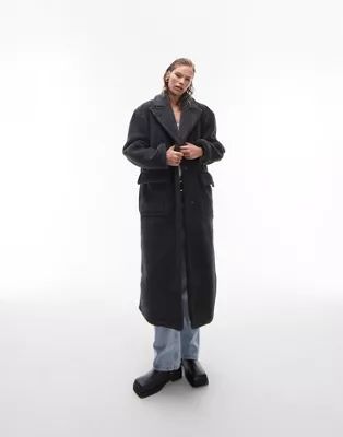 Topshop long borg overcoat in charcoal | ASOS (Global)