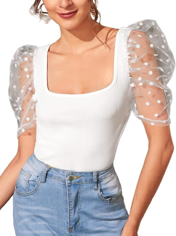 Verdusa Women's Sheer Dobby Mesh Puff Sleeve Square Neck Top | Amazon (US)