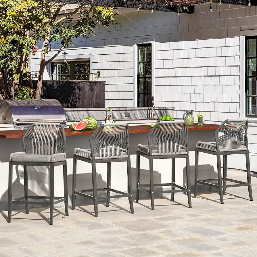 Rattan Counter Height Bar Stools Set of 4, 27.5" H Boho Woven Rope Back Outdoor Barstools with Al... | Amazon (US)