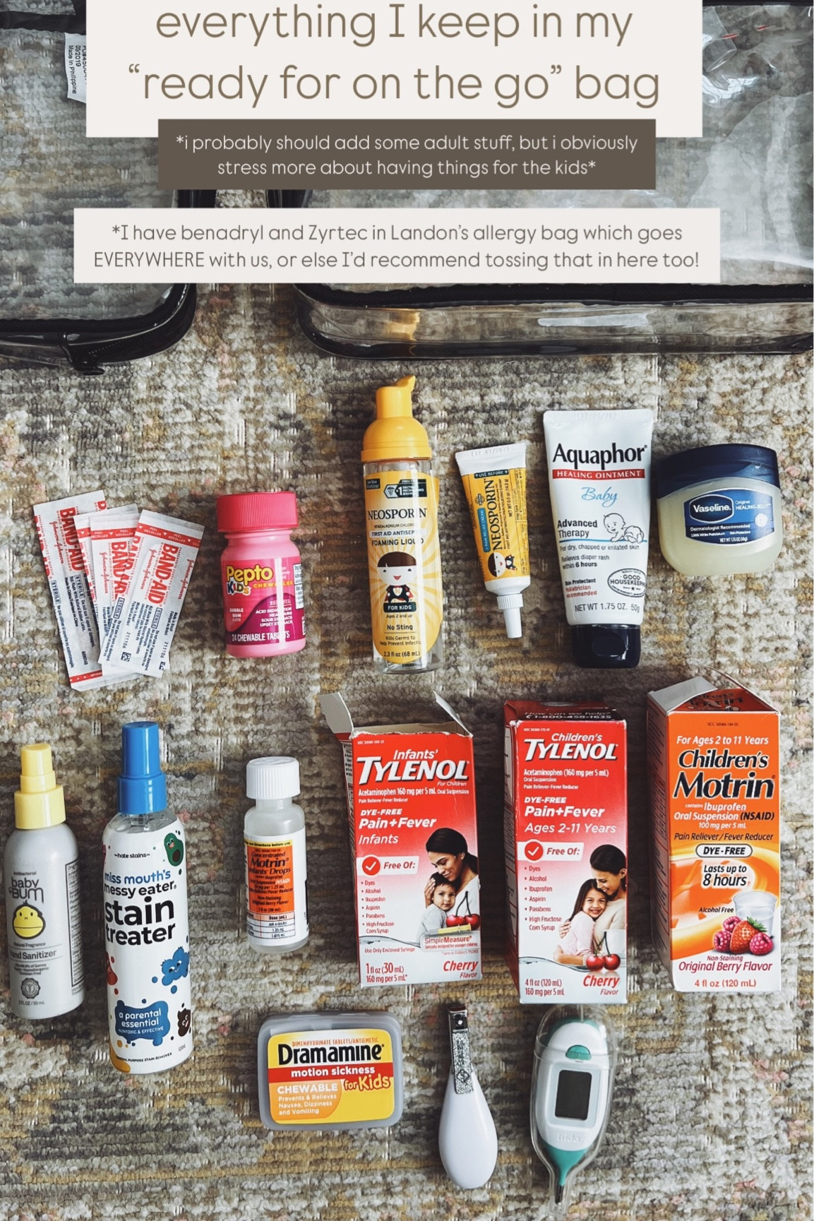 Exact bags are old Walgreens find, but linked similar I own. everything I keep in my “ready for on the go” bag *i probably should add some adult stuff, but i obviously stress more about having things for the kids* *I have benadryl and Zyrtec in Landon’s allergy bag which goes EVERYWHERE with us, or else I’d recommend tossing that in here too!

#LTKTravel #LTKBaby #LTKKids