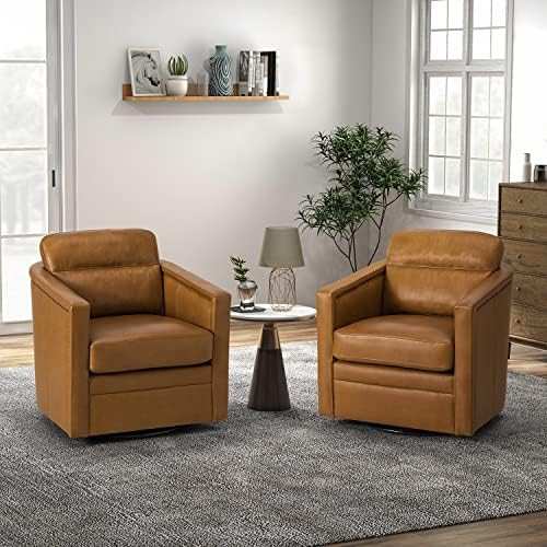 HULALA HOME Modern Swivel Chair Set of 2, Genuine Leather Tub Barrel Club Chair with Metal Base & Re | Amazon (US)