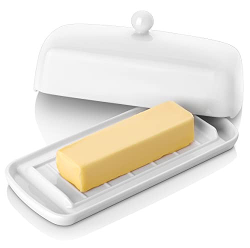 Nucookery Porcelain Butter Dish - Clean Table Design - Ceramic Butter Dishes with Lid for Countertop with Raised Non-Slip Strip - Holds 1 Standard Butter Stick - Easy to Clean & Dishwasher Safe. White | Amazon (US)