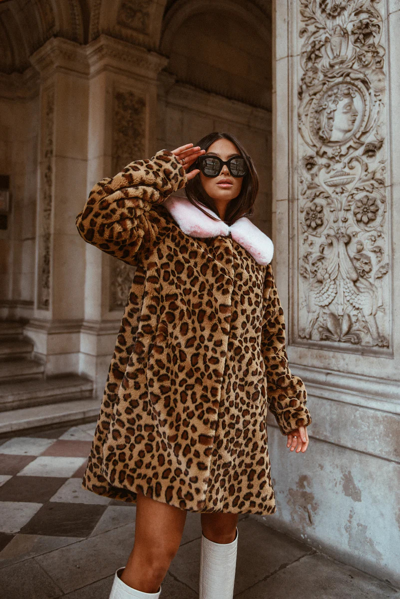 Leopard Faux Fur Coat with Pink Collar | DE SAVARY LONDON