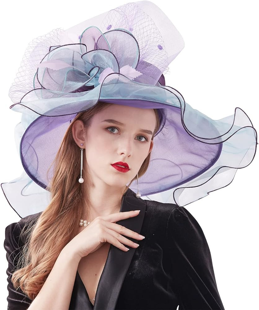 Z&X Women's Kentucky Derby Church Hat Organza Fascinator Wedding Tea Party Hat Wide Brim Sun Caps | Amazon (US)