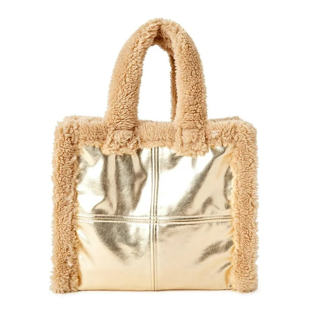 No Boundaries Women's Large Square Sherpa Tote Bag Handbag - Walmart.com | Walmart (US)