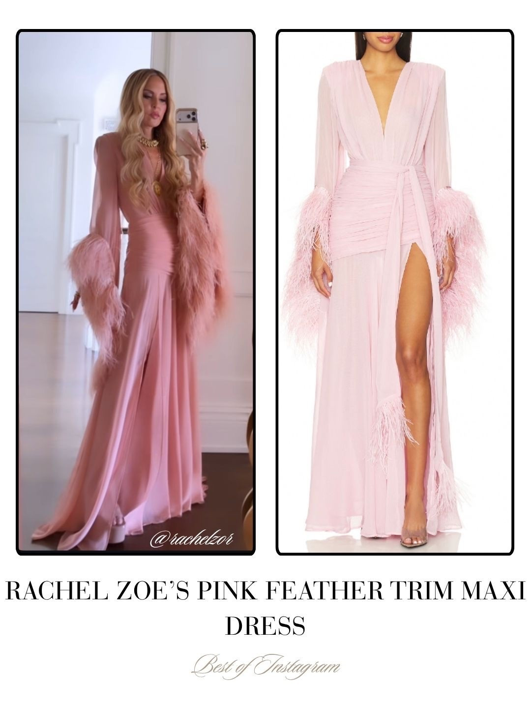 Rachel Zoe’s Pink Feather Trim Maxi Dress 📸 = @rachelzoe