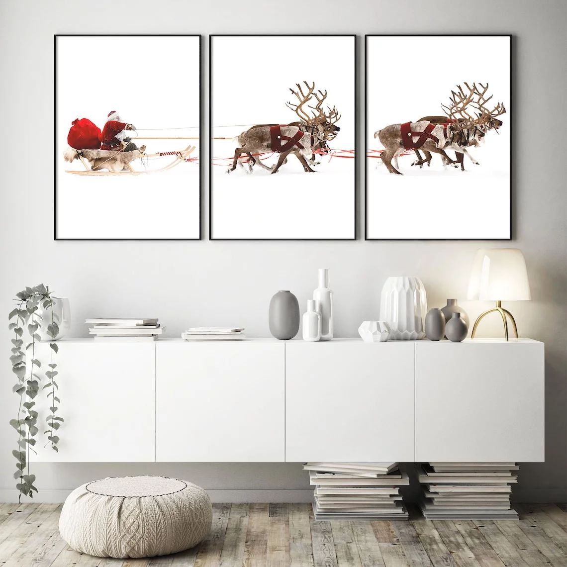 Set of 3 Christmas Canvas Prints Santa Claus Sleigh Reindeer Wall Art Picture Xmas Holiday Decor ... | Walmart (US)