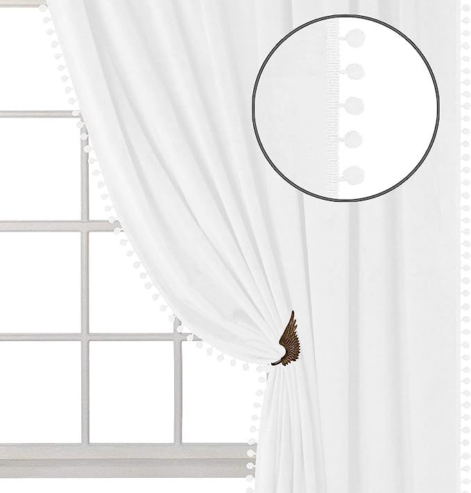ZHAOFENG Pom Pom Velvet Curtains with Rod Pocket and Back Tab, Blackout Soft Luxury Thick Sunli... | Amazon (US)