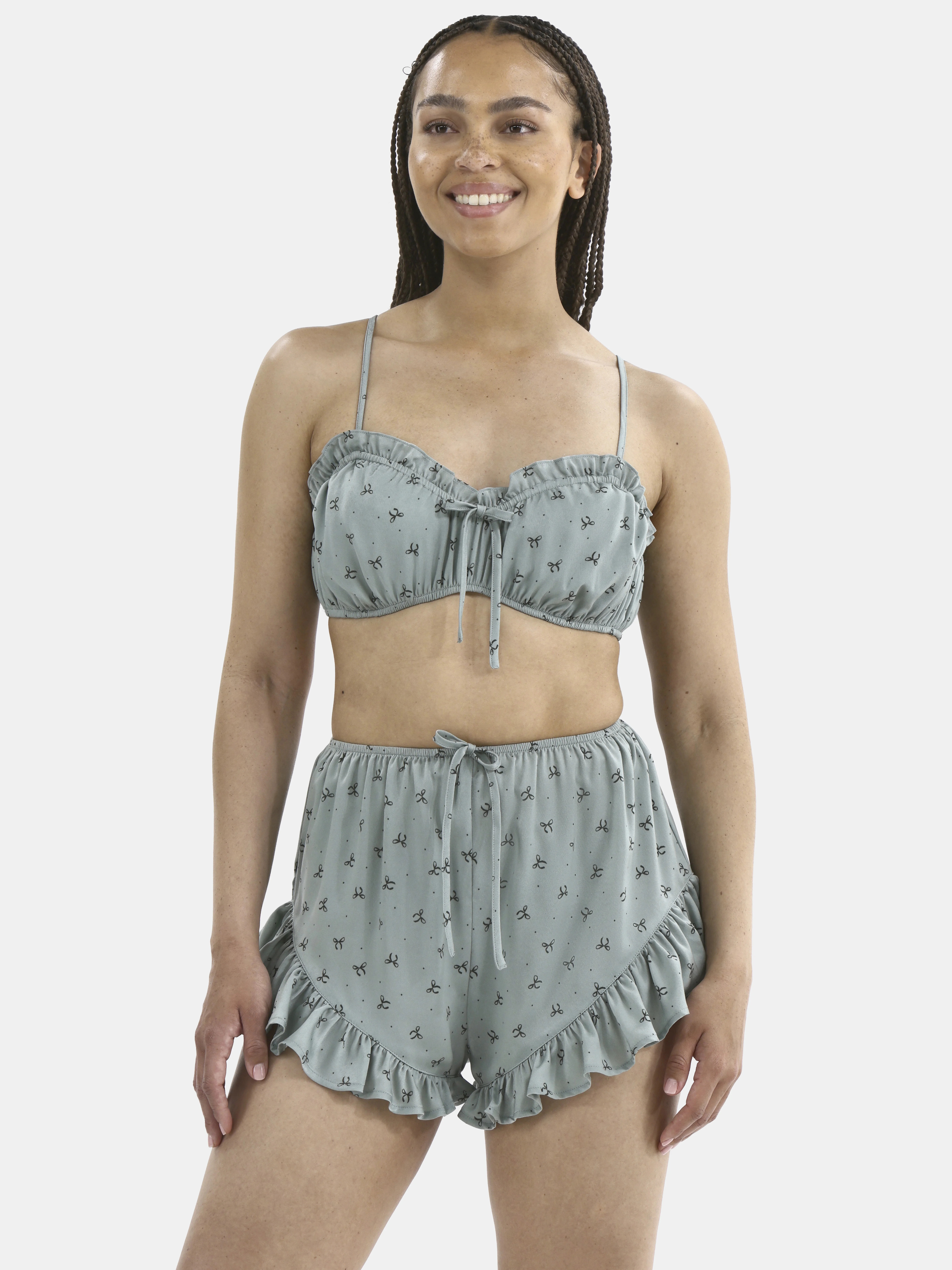 No Boundaries Satin Bralette and Shorts Sleepwear Set with Ruffle Trim, 2-Piece, Women’s | Walmart (US)