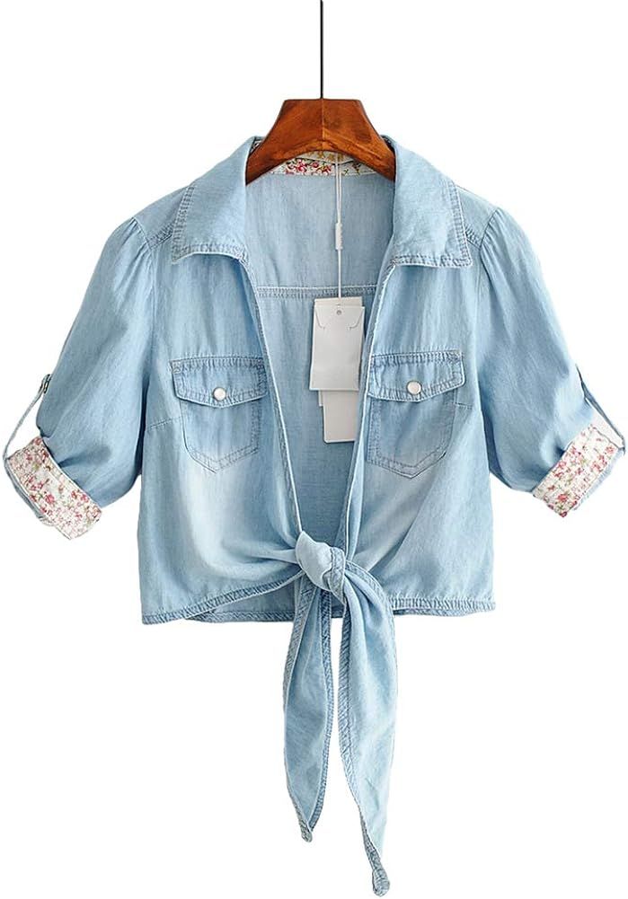 H.S.D Womens Cool Knotted Short Denim Shawl Coat Top Jacket | Amazon (US)
