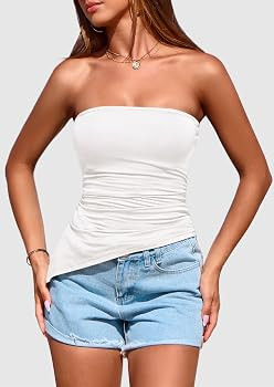 PRETTYGARDEN Women's Ruched Asymmetrical Strapless Tube Top | Amazon (US)