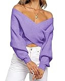 BTFBM Women Casual V Neck Long Sleeve Sweaters Cross Wrap Front Off Shoulder Asymmetric Hem Knitt... | Amazon (US)