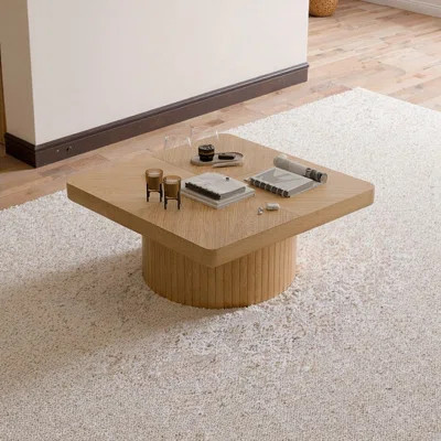 Square Coffee Table With Wood Veneer Parquet Top & Cylindrical Base, Thickened Tabletop, Easy Assembly | Wayfair North America