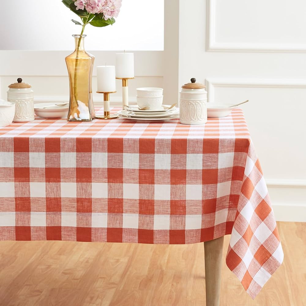 Solino Home Buffalo Check Linen Tablecloth 60 x 90 Inch – 100% Pure Linen Cinnamon and White Pl... | Amazon (US)
