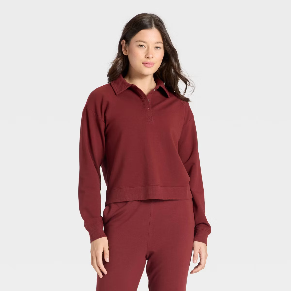 Women's Modal French Terry Polo Sweatshirt - All In Motion™ Maroon L | Target