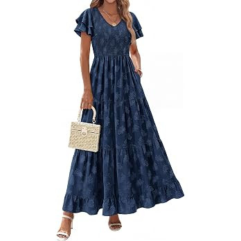 dowerme Maxi Dresses for Women 2026 Summer Ruffle Sleeve V Neck Smocked A Line Floral Boho Tiered... | Amazon (US)