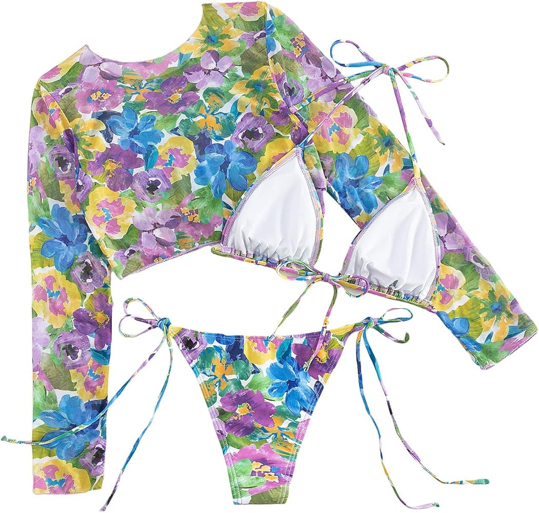 Cozyease Women's 3 Pcs Set All Over Floral Print Halter Triangle Bikini Swimsuit Tie Side Knot Sw... | Amazon (US)