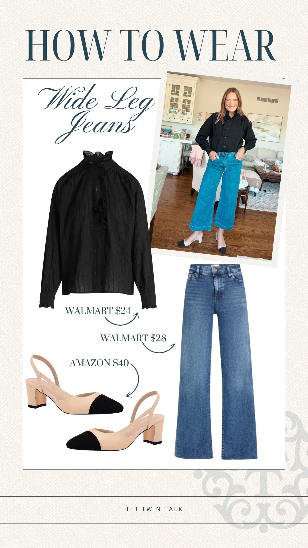 How to style wide leg jeans! A black button down top from Walmart that can be mixed and matched with jeans, skirts, or trousers! Plus, we are loving these two tone Mary Jane’s with a slight heel that elevate any look! 

#LTKStyleTip #LTKMidsize #LTKOver40