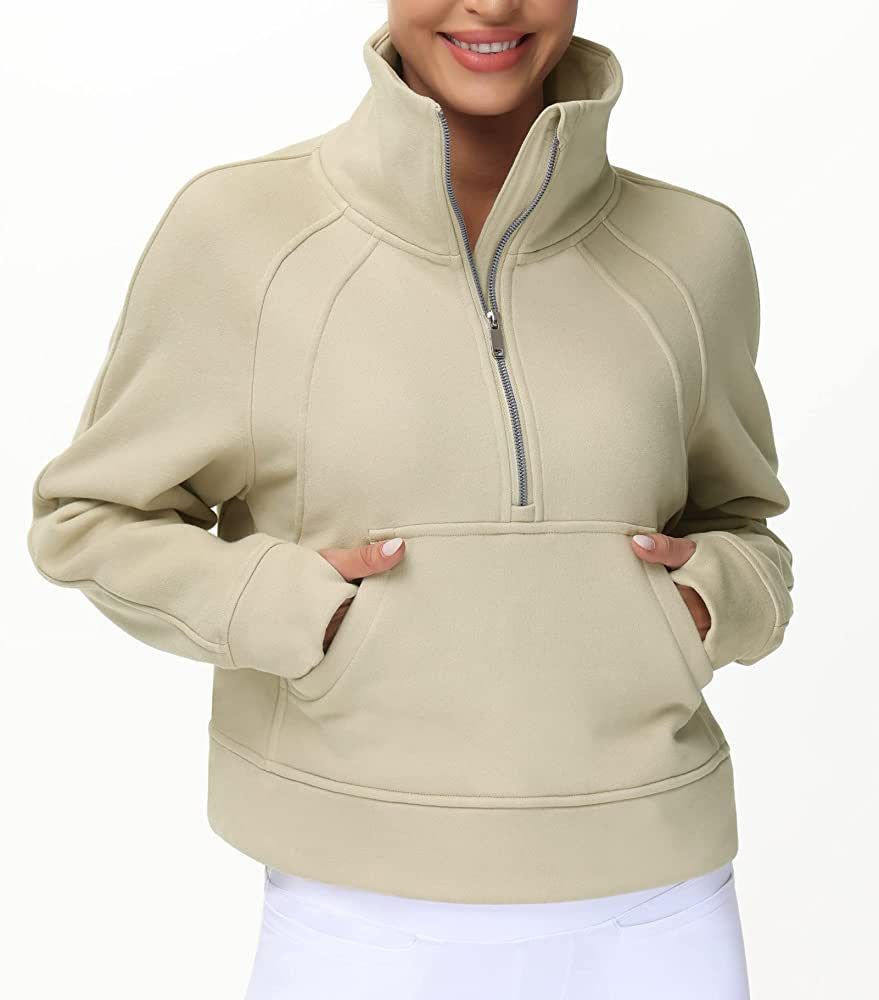 Women's Half Zip Pullover Sweatshirt Fleece Stand Collar Crop Sweatshirt with Pockets Thumb Hole | Amazon (US)