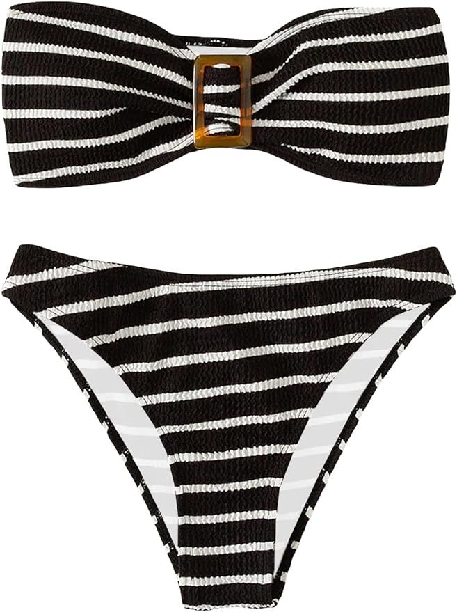 GORGLITTER Women's 2 Piece Striped Swimsuit Strapless Bandeau High Waisted Thong Bikini Set Bathi... | Amazon (US)