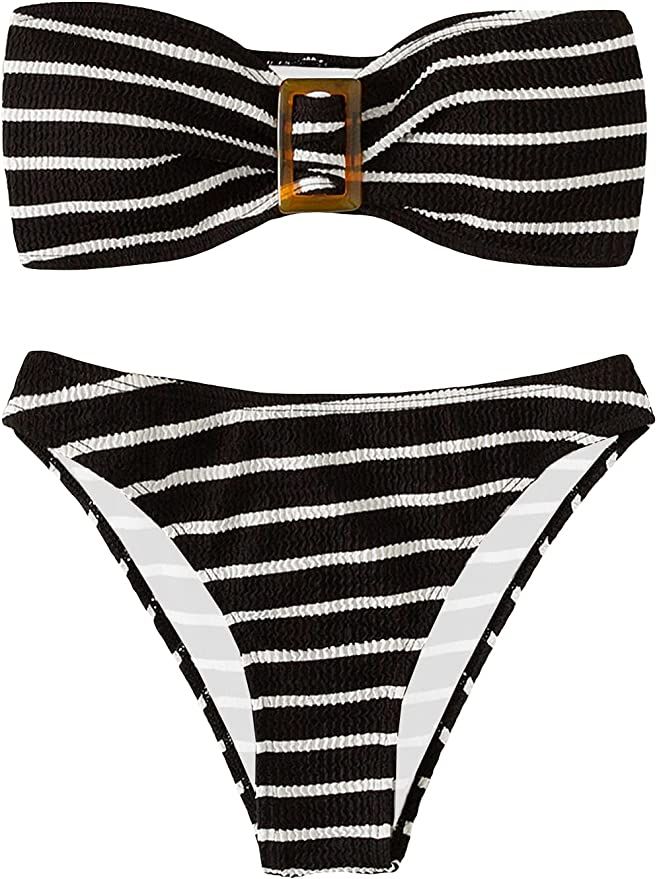 GORGLITTER Women's 2 Piece Striped Swimsuit Strapless Bandeau High Waisted Thong Bikini Set Bathi... | Amazon (US)