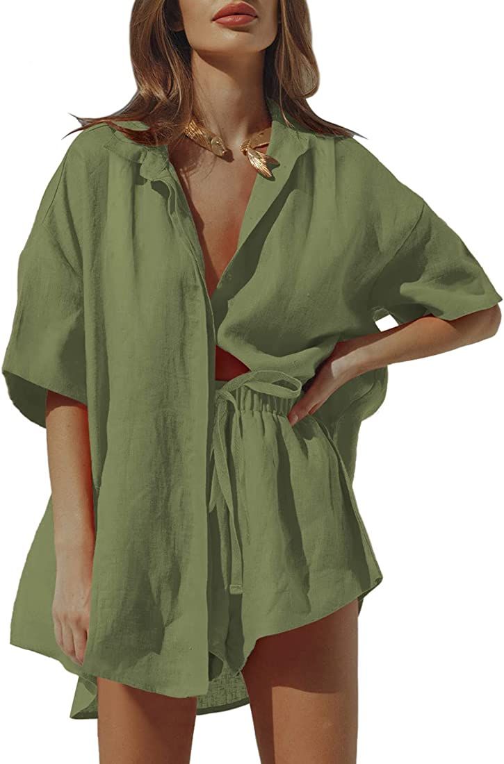 Falvurt Women's 2 Piece Outfit Casual Half Sleeve Shirt High Waisted Shorts Loungewear Set | Amazon (US)