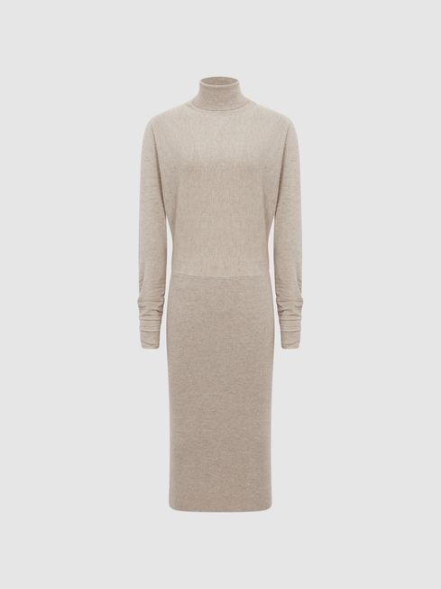 Reiss Oatmeal Fallon Regular Wool Blend Roll Neck Dress | Reiss UK