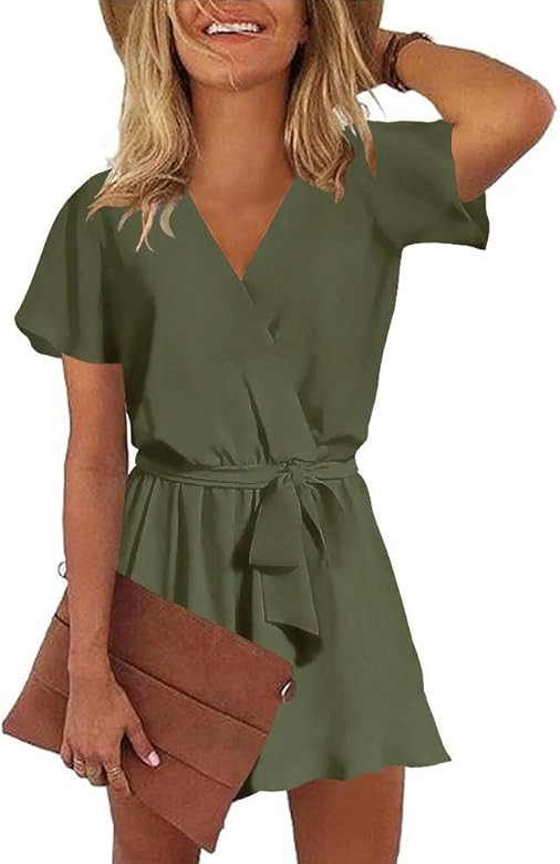 Womens Summer Loose V Neck Ruffles Sleeve Short Jumpsuit Rompers | Amazon (US)