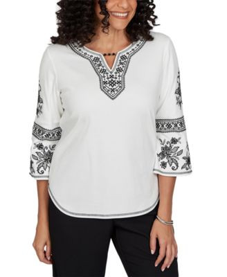 Alfred Dunner Women's Knit 3/4-Sleeve Keyhole Neck Blouse - Ivory | Macy's