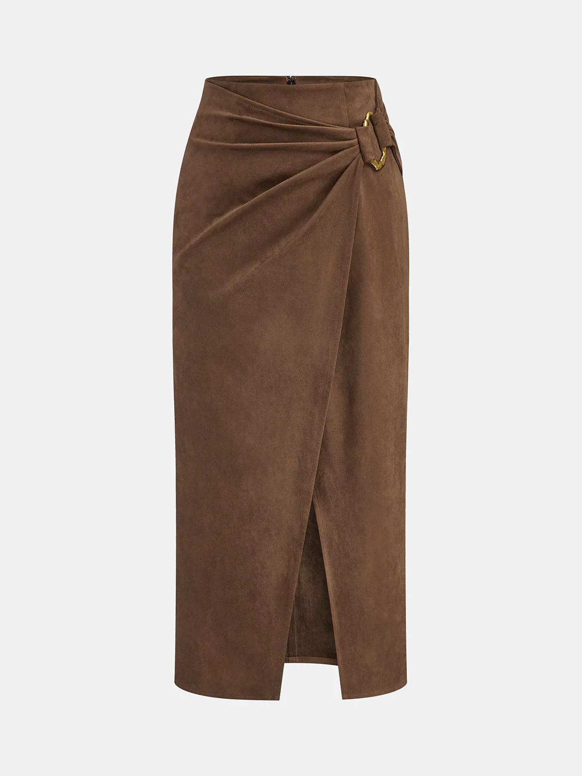 Buckle Detail Suede Effect Midi Skirt | Commense