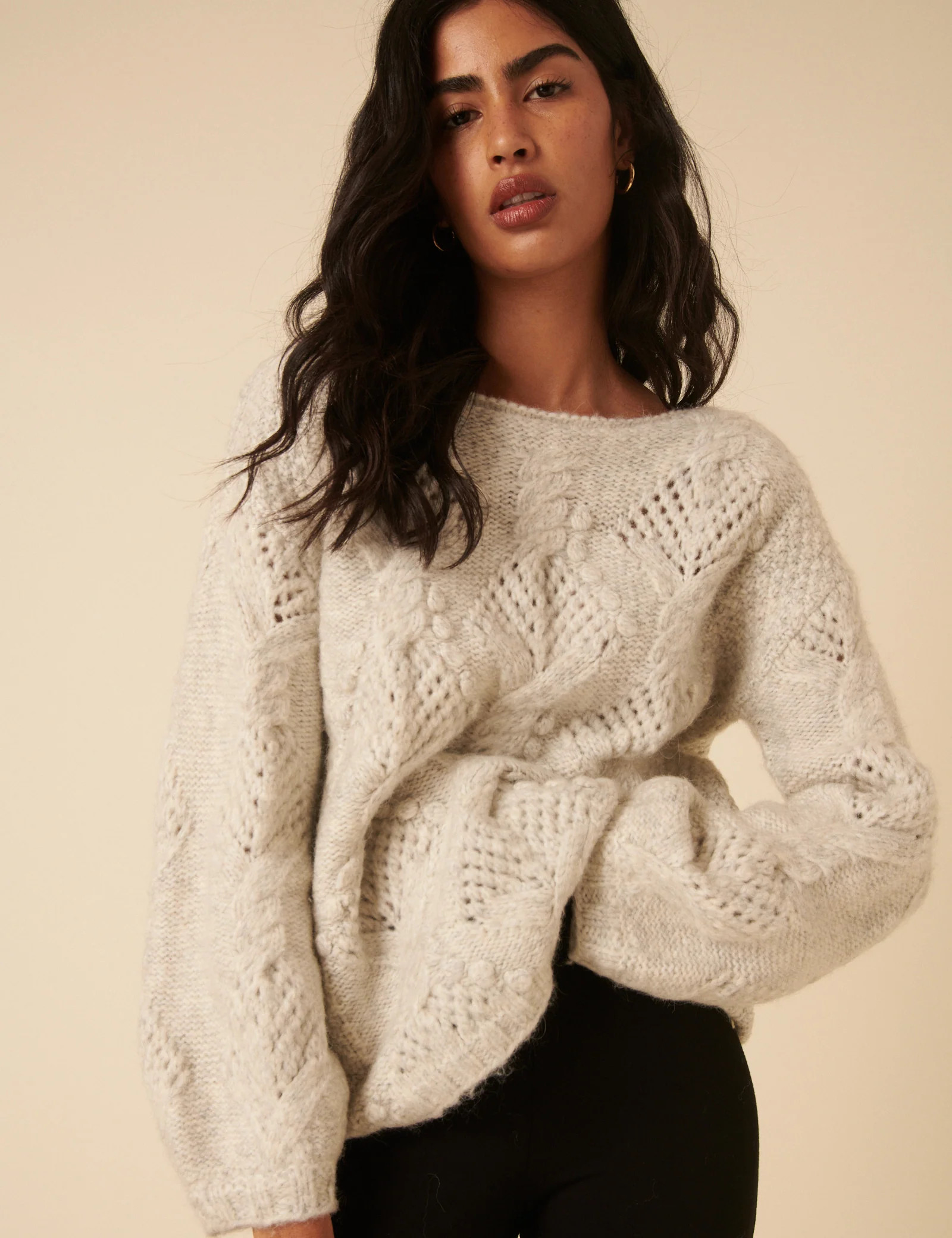 Light Grey Slash Neck Bobble Stitch Oversized Jumper | Nobody's Child