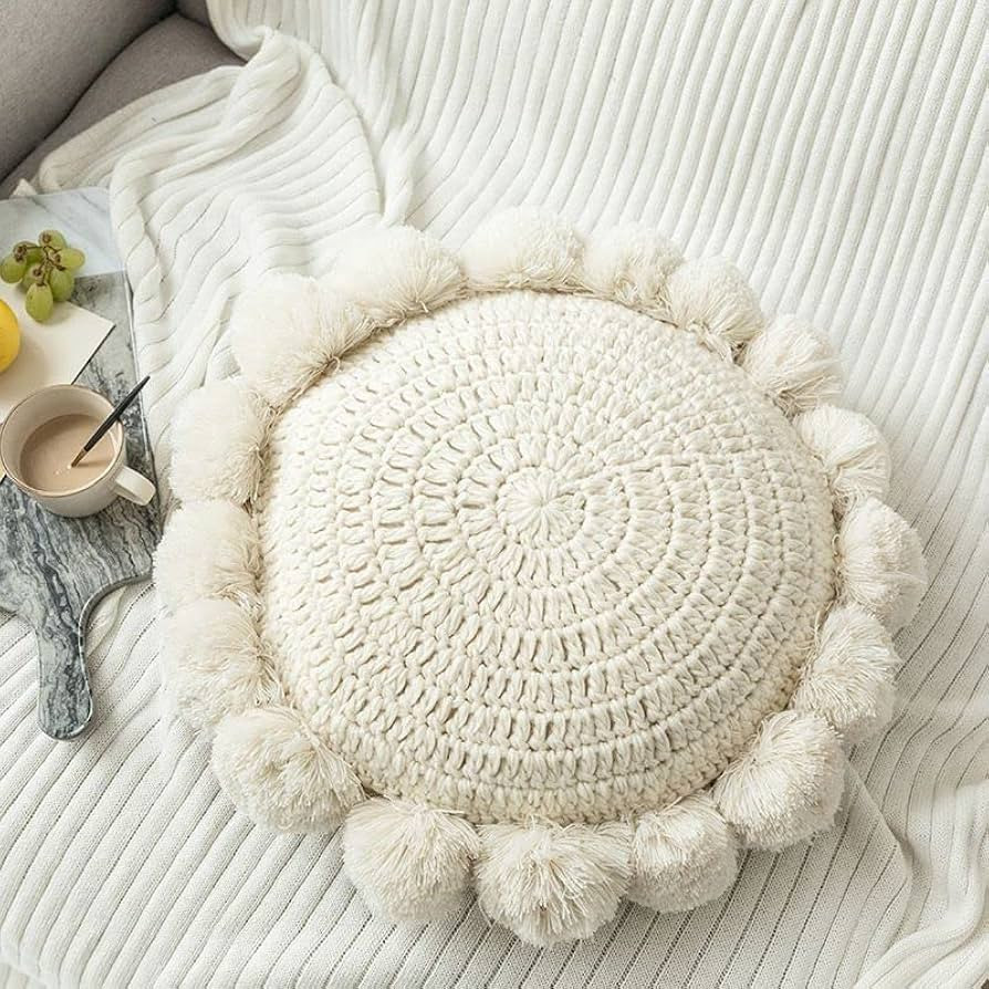 Knitted Throw Pillow Round Couch Pillow Sofa Cute Cushion Handmade Pompoms Decorative Plush Pillo... | Amazon (US)