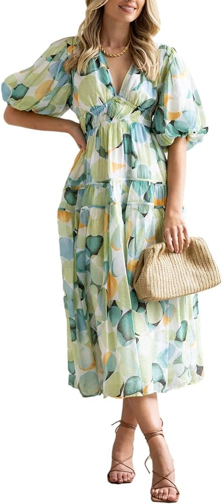 Sissyaki Women's Boho Floral Midi Dress Smocked Beach Flowy Dress | Amazon (US)