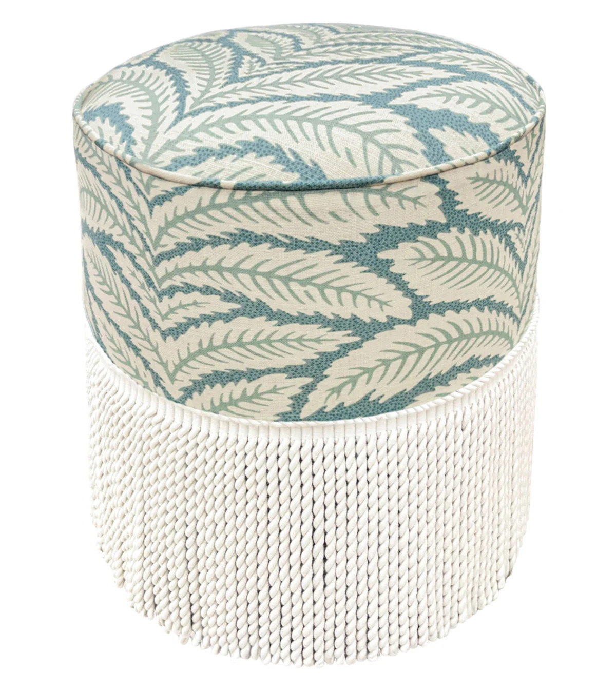 THE TIGHT ROUND OTTOMAN :: TALAVERA LINEN + BULLION FRINGE | BRUNSCHWIG + FILS | LITTLE DESIGN LLC