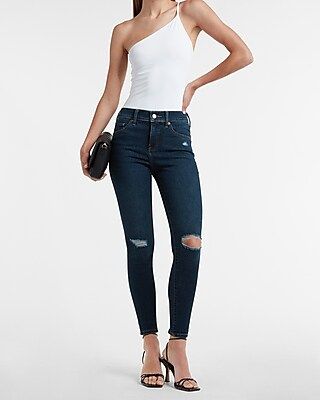 Mid Rise Dark Wash Ripped Supersoft Skinny Jeans | Express