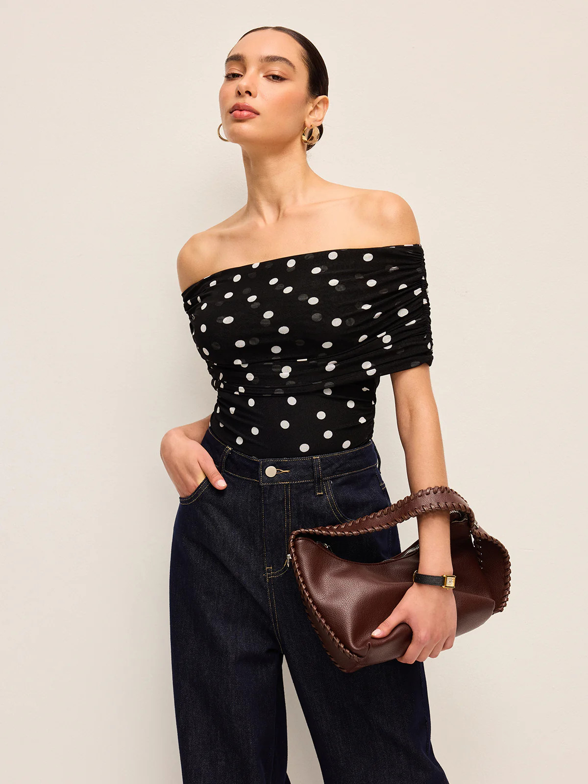 Polka Dot Off-Shoulder Bodysuit | Commense