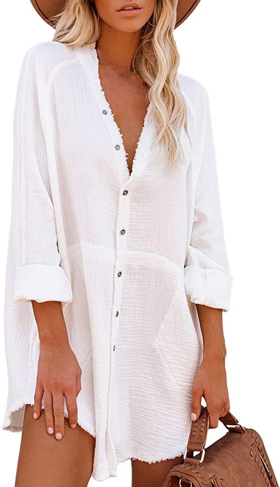 AOHITE Women V Neck Long Sleeve Button Down Blouse Tunic Shirt Mini Dress with Pockets | Amazon (US)