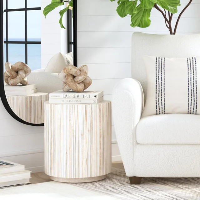 East at Main Juliette 18.5" Tall Round Teak Wood Rustic End Table, White Wash | Walmart (US)