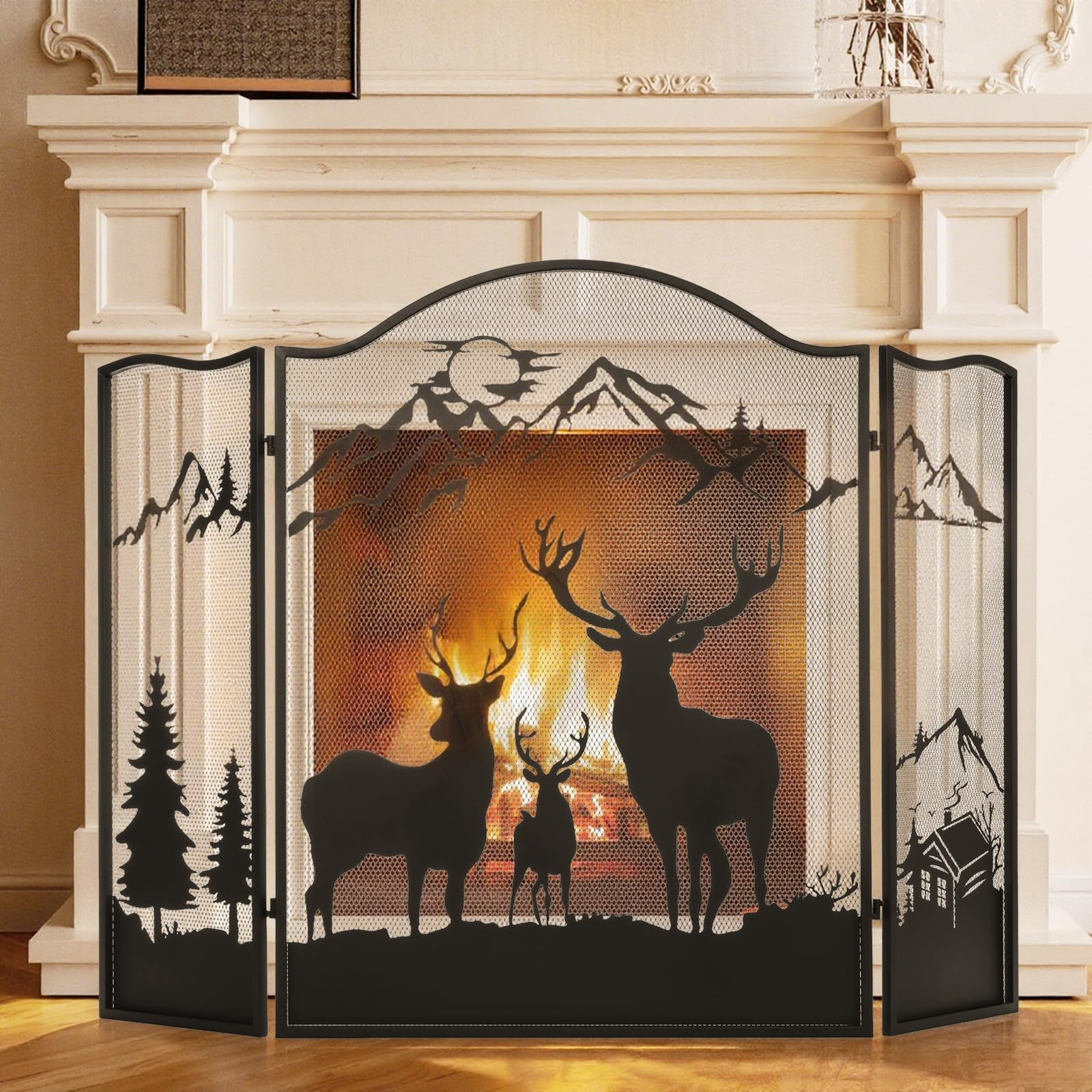 50" X 36'' Fireplace Screen - 3-Panel Wrought Iron Fire Guard with Deer Pattern, Rustic Foldable ... | Amazon (US)