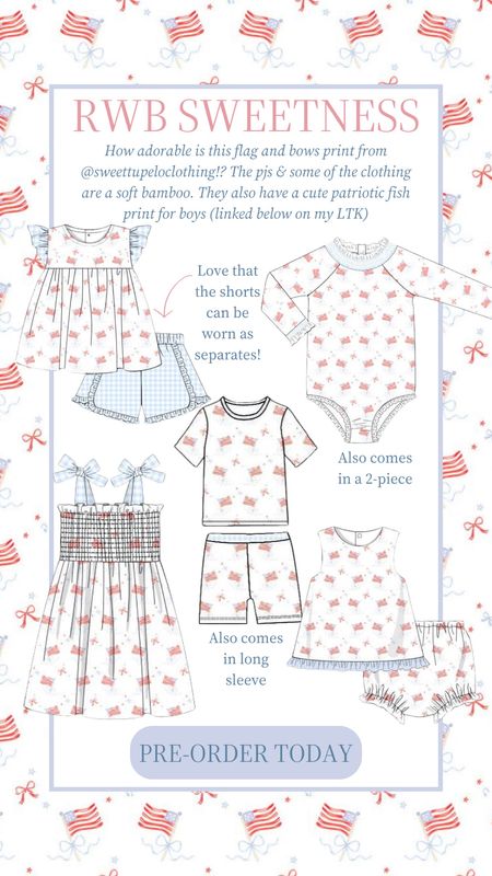 How adorable is this red, white, and blue flag and bows print for kids from Sweet Tupelo Clothing!? Perfect all summer long! The pjs and some of the clothing are made from a soft bamboo fabric. They also have a cute patriotic fish print for boys (linked below!)

Kids clothing, toddler style, 4th of July, Memorial Day weekend

#LTKbaby #LTKkids #LTKfindsunder50