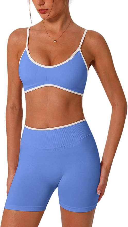 ABOCIW Workout Sets for Women Color Block Sports Bra Hidden Scrunch High Waist Biker Shorts 2 Pie... | Amazon (US)