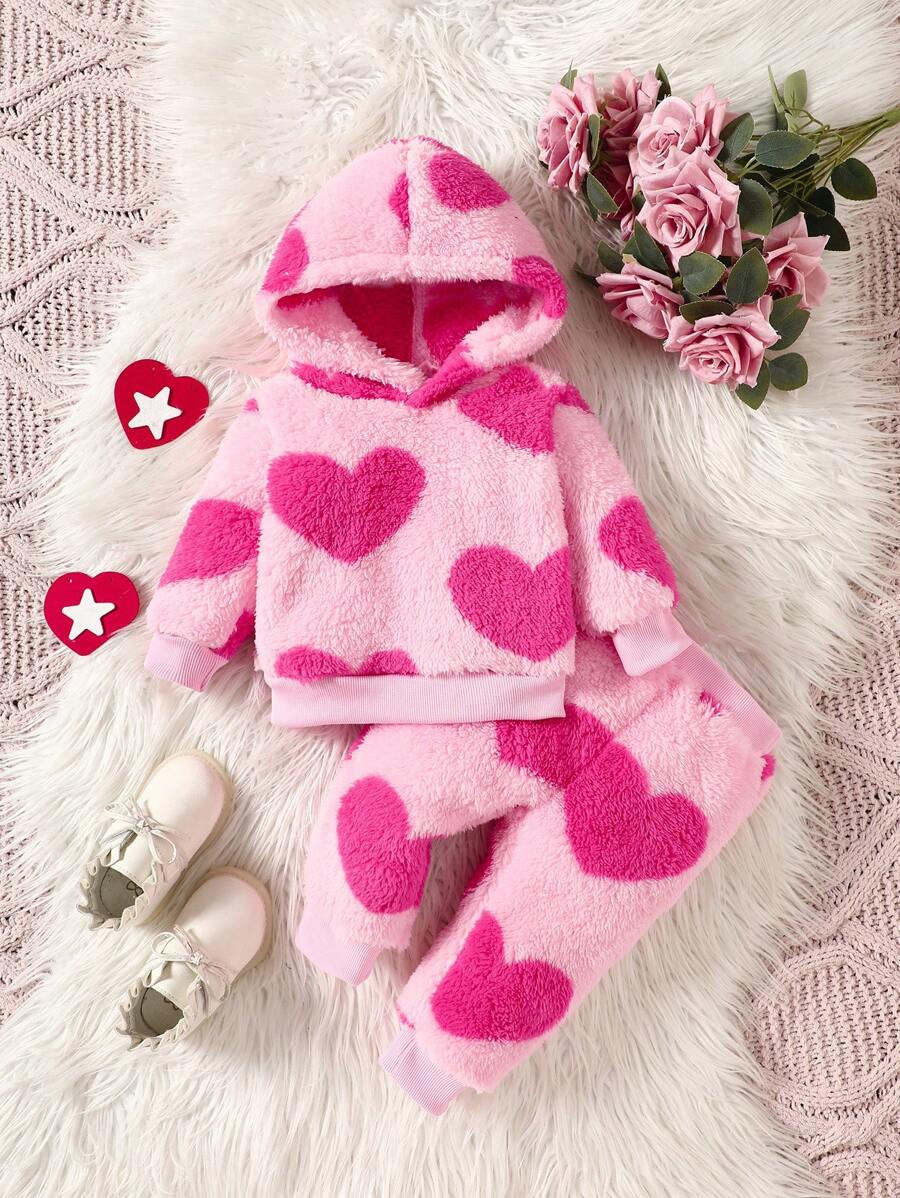 2pcs Baby Girl Heart Pattern Fluffy Hoodie And Loose Pants Set, Autumn & Winter | SHEIN