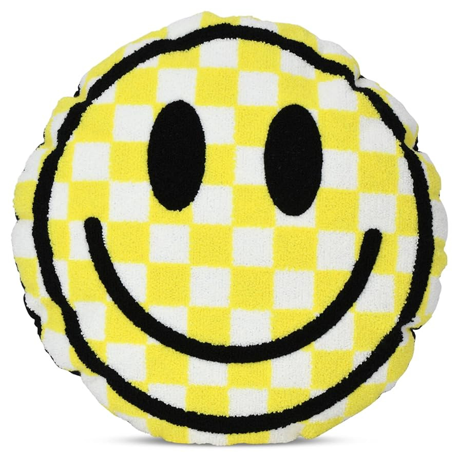 iscream Chenille Smiley Face 14" x 14" Round Accent Pillow - Yellow Checker | Amazon (US)