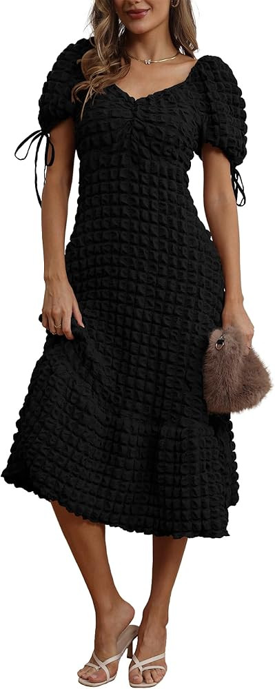 Locachy Womens Casual Summer Dresses 2024 Boho Short Sleeve V Neck Sundresses Backless Long Textu... | Amazon (US)