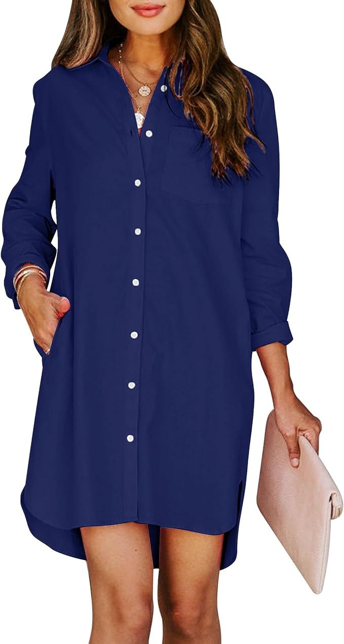 Womens Button Down Shirt Dresses with Pockets Cotton Button Up Tunics Long Sleeve Solid High Low ... | Amazon (US)