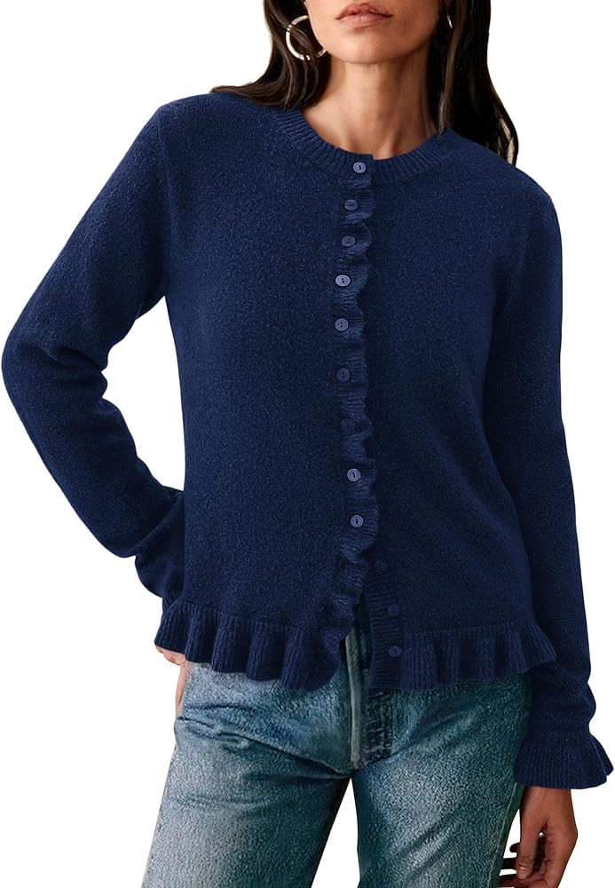PRETTYGARDEN Womens Fall Button Down Cardigans Chunky Knit Ruffle Open Front Cropped Cardigan Swe... | Amazon (US)